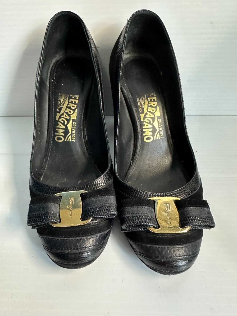 Ferragamo Leather and Suede Block Heels
